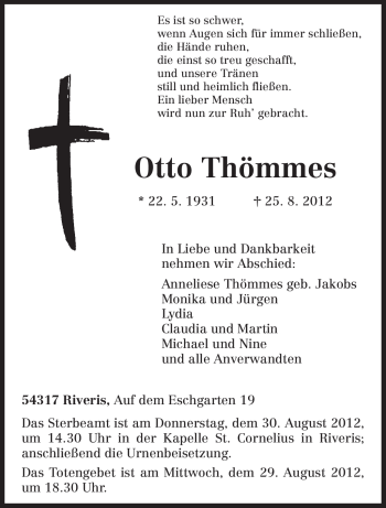 Traueranzeige von Otto Thömmes von TRIERISCHER VOLKSFREUND