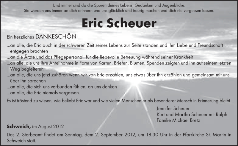  Traueranzeige für Eric Scheuer vom 30.08.2012 aus TRIERISCHER VOLKSFREUND