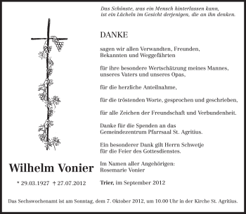 Traueranzeige von Wilhelm Vonier von TRIERISCHER VOLKSFREUND