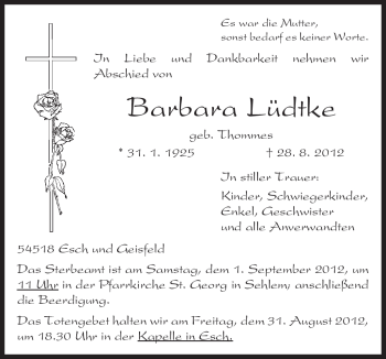Traueranzeige von Barbara Lüdtke von TRIERISCHER VOLKSFREUND
