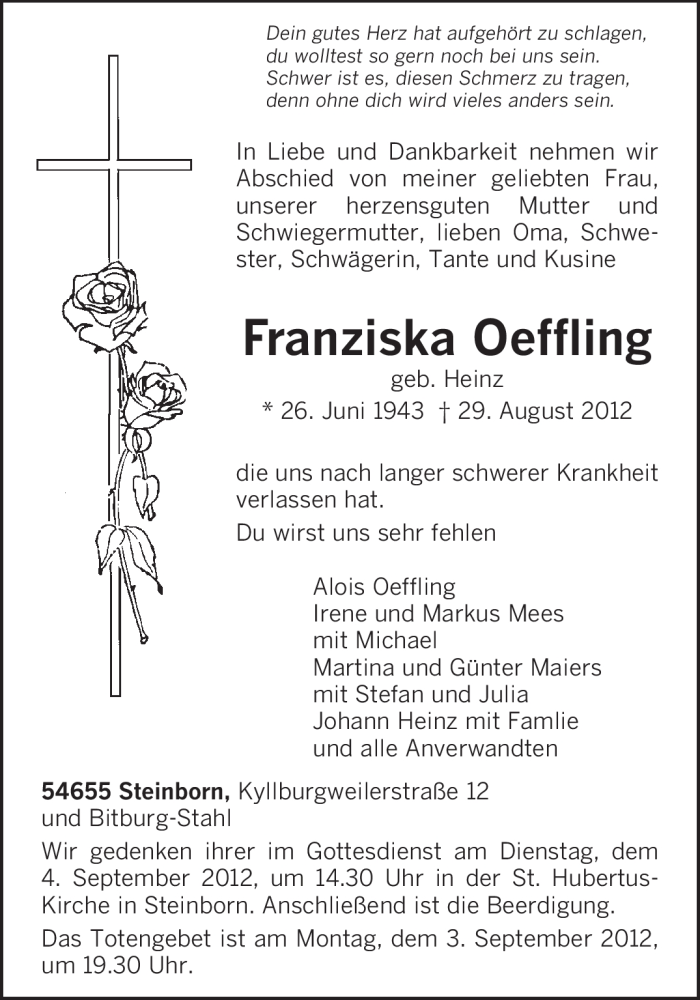  Traueranzeige für Franziska Oeffling vom 01.09.2012 aus TRIERISCHER VOLKSFREUND