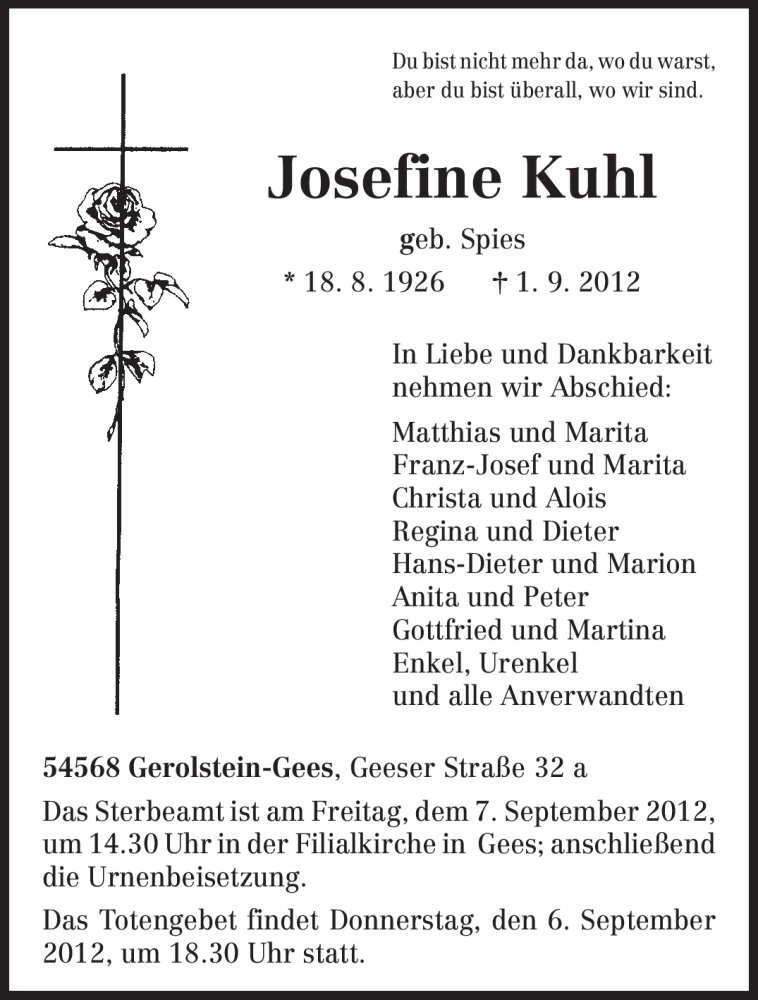  Traueranzeige für Josefine Kuhl vom 04.09.2012 aus TRIERISCHER VOLKSFREUND
