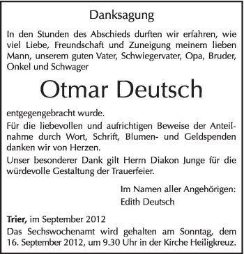 Traueranzeige von Otmar Deutsch von TRIERISCHER VOLKSFREUND