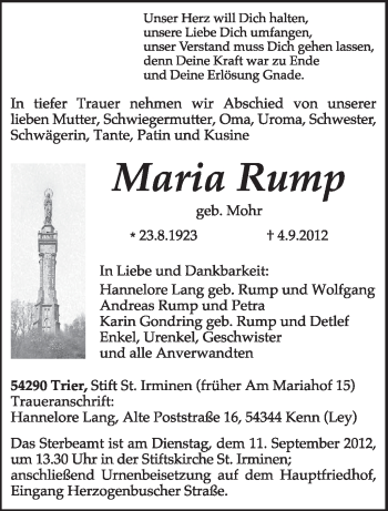 Traueranzeige von Maria Rump von TRIERISCHER VOLKSFREUND