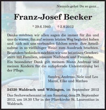 Traueranzeige von Franz-Josef Becker von TRIERISCHER VOLKSFREUND