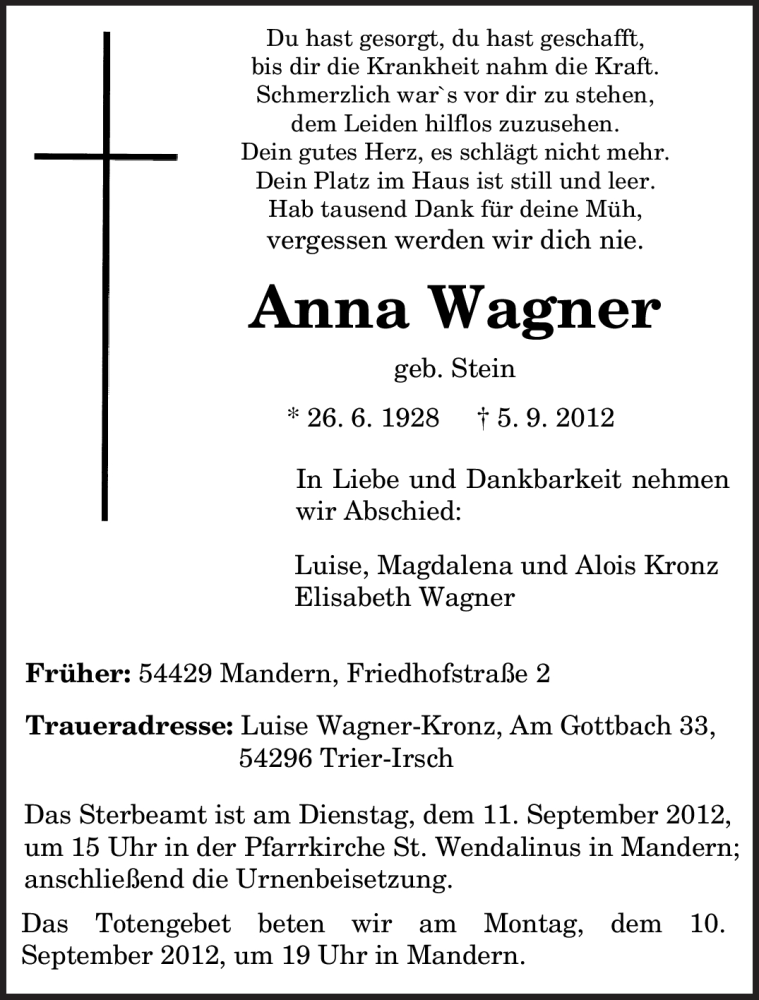  Traueranzeige für Anna Wagner vom 08.09.2012 aus TRIERISCHER VOLKSFREUND