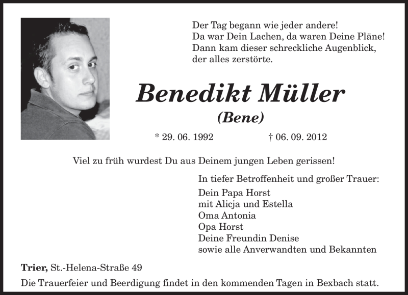  Traueranzeige für Benedikt Müller vom 10.09.2012 aus TRIERISCHER VOLKSFREUND