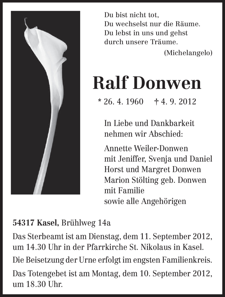  Traueranzeige für Ralf Donwen vom 08.09.2012 aus TRIERISCHER VOLKSFREUND