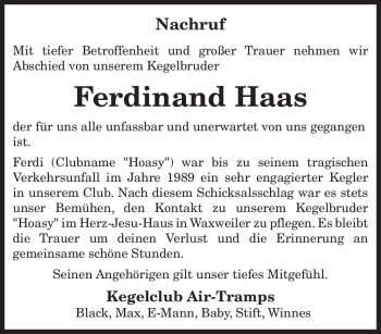 Traueranzeige von Ferdinand Haas von TRIERISCHER VOLKSFREUND