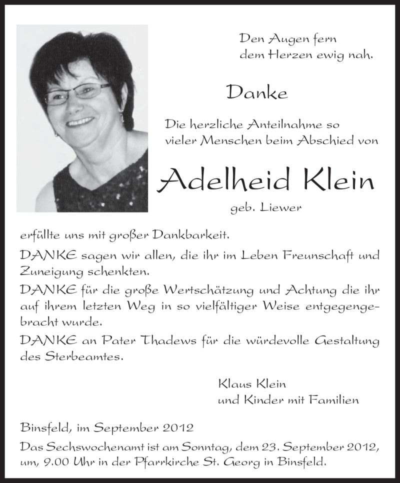  Traueranzeige für Adelheid Klein vom 15.09.2012 aus TRIERISCHER VOLKSFREUND