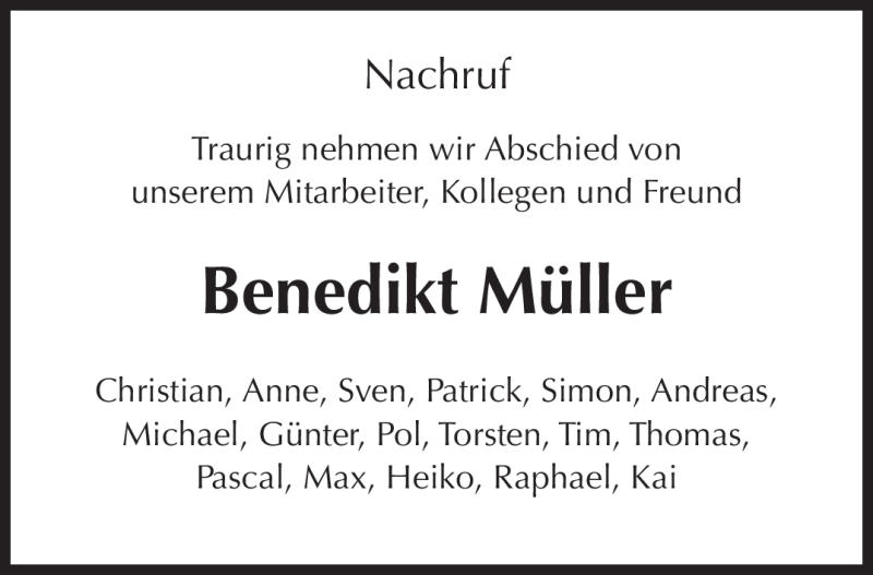  Traueranzeige für Benedikt Müller vom 11.09.2012 aus TRIERISCHER VOLKSFREUND