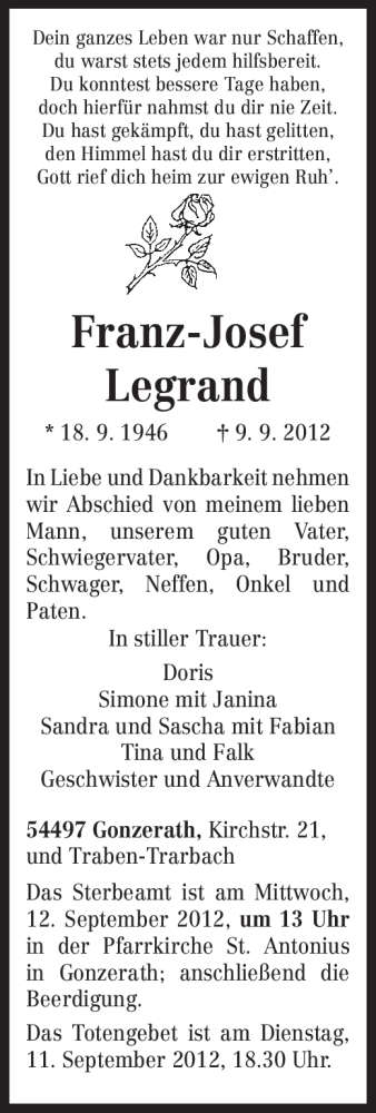  Traueranzeige für Franz-Josef Legrand vom 10.09.2012 aus TRIERISCHER VOLKSFREUND
