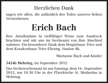 Traueranzeige von Erich Bach von TRIERISCHER VOLKSFREUND