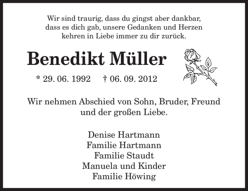  Traueranzeige für Benedikt Müller vom 12.09.2012 aus TRIERISCHER VOLKSFREUND