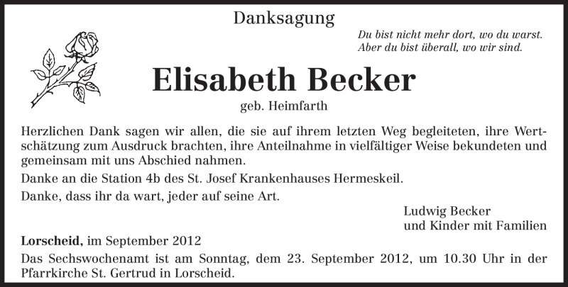  Traueranzeige für Elisabeth Becker vom 18.09.2012 aus TRIERISCHER VOLKSFREUND