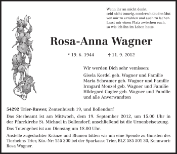 Traueranzeige von Rosa-Anna Wagner von TRIERISCHER VOLKSFREUND