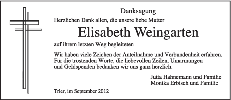  Traueranzeige für Elisabeth Weingarten vom 14.09.2012 aus TRIERISCHER VOLKSFREUND