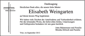 Traueranzeige von Elisabeth Weingarten von TRIERISCHER VOLKSFREUND