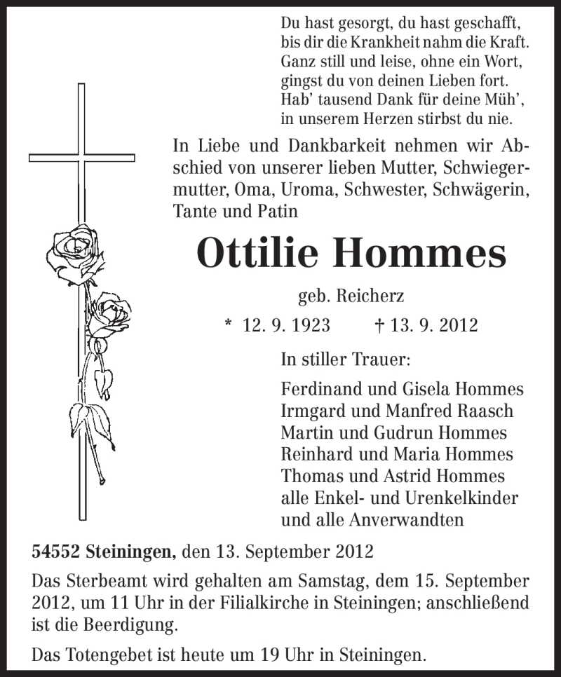  Traueranzeige für Ottilie Hommes vom 14.09.2012 aus TRIERISCHER VOLKSFREUND
