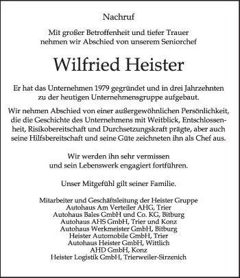 Traueranzeige von Wilfried Heister von TRIERISCHER VOLKSFREUND