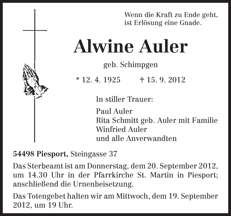 Traueranzeige für Alwine Auler vom 18.09.2012 aus TRIERISCHER VOLKSFREUND