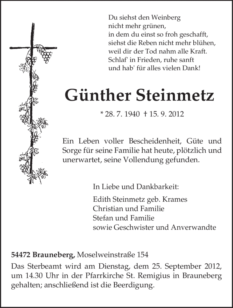  Traueranzeige für Günther Steinmetz vom 22.09.2012 aus TRIERISCHER VOLKSFREUND