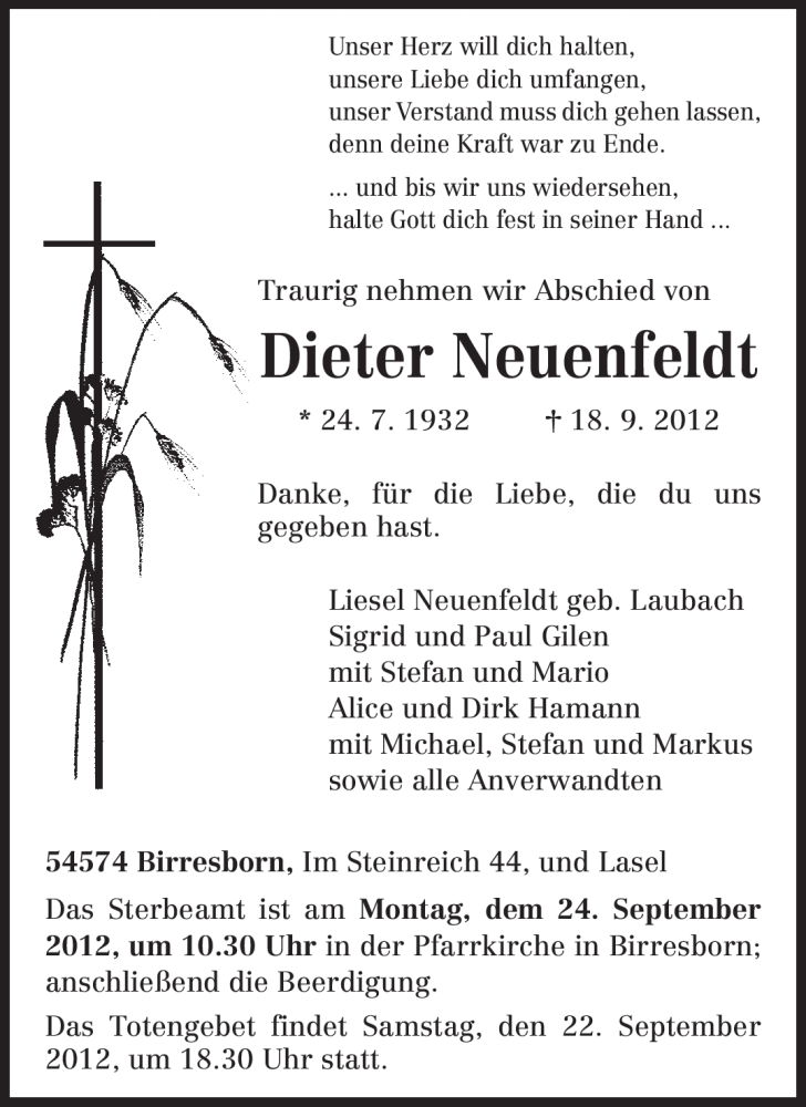  Traueranzeige für Dieter Neuenfeldt vom 20.09.2012 aus TRIERISCHER VOLKSFREUND