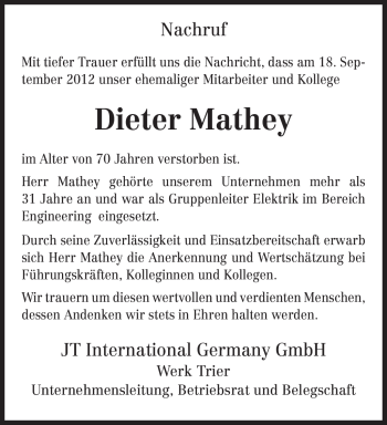 Traueranzeige von Dieter Mathey von TRIERISCHER VOLKSFREUND
