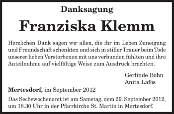 Traueranzeige von Franziska Klemm von TRIERISCHER VOLKSFREUND