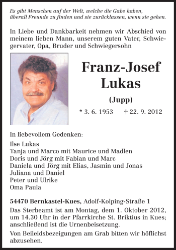 Traueranzeige von Franz-Josef Lukas von TRIERISCHER VOLKSFREUND