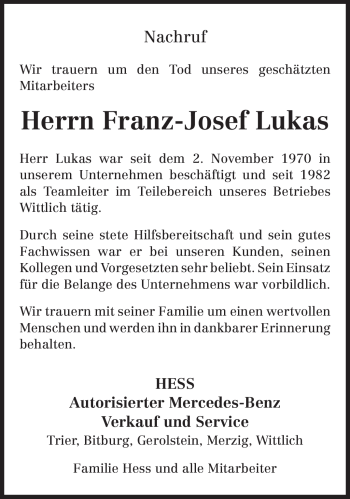 Traueranzeige von Franz-Josef Lukas von TRIERISCHER VOLKSFREUND