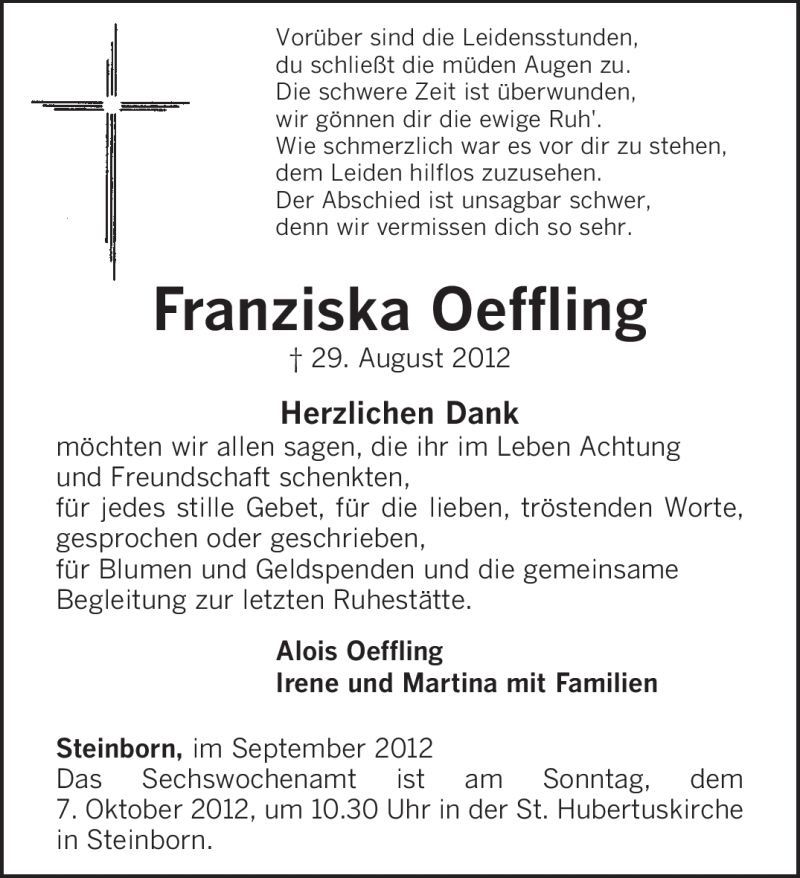  Traueranzeige für Franziska Oeffling vom 29.09.2012 aus TRIERISCHER VOLKSFREUND