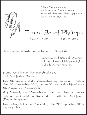 Traueranzeige von Franz-Josef Philipps von TRIERISCHER VOLKSFREUND