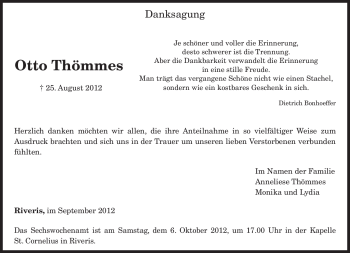 Traueranzeige von Otto Thömmes von TRIERISCHER VOLKSFREUND