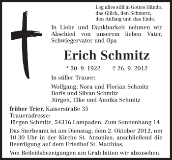 Traueranzeige von Erich Schmitz von TRIERISCHER VOLKSFREUND