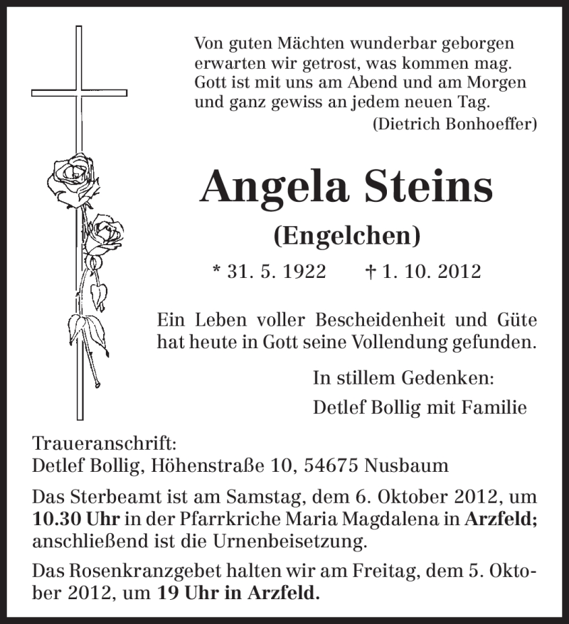  Traueranzeige für Angela Steins vom 03.10.2012 aus TRIERISCHER VOLKSFREUND