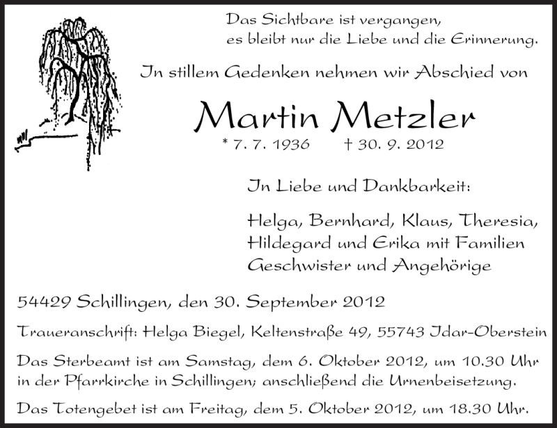  Traueranzeige für Martin Metzler vom 03.10.2012 aus TRIERISCHER VOLKSFREUND