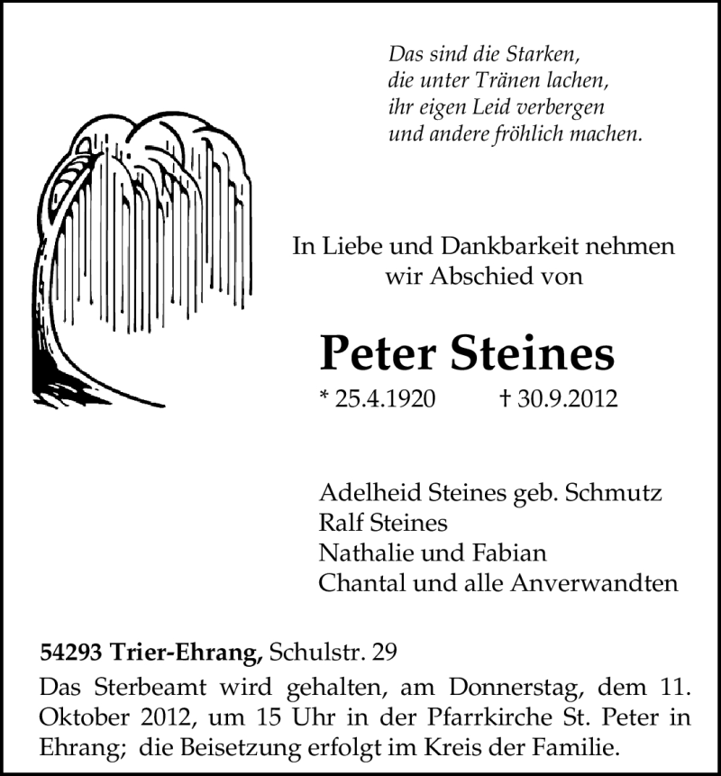  Traueranzeige für Peter Steines vom 05.10.2012 aus TRIERISCHER VOLKSFREUND