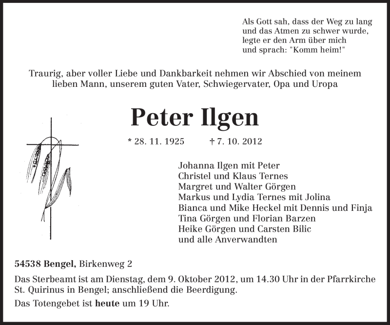  Traueranzeige für Peter Ilgen vom 08.10.2012 aus TRIERISCHER VOLKSFREUND