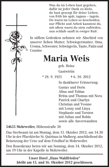 Traueranzeige von Maria Weis von TRIERISCHER VOLKSFREUND