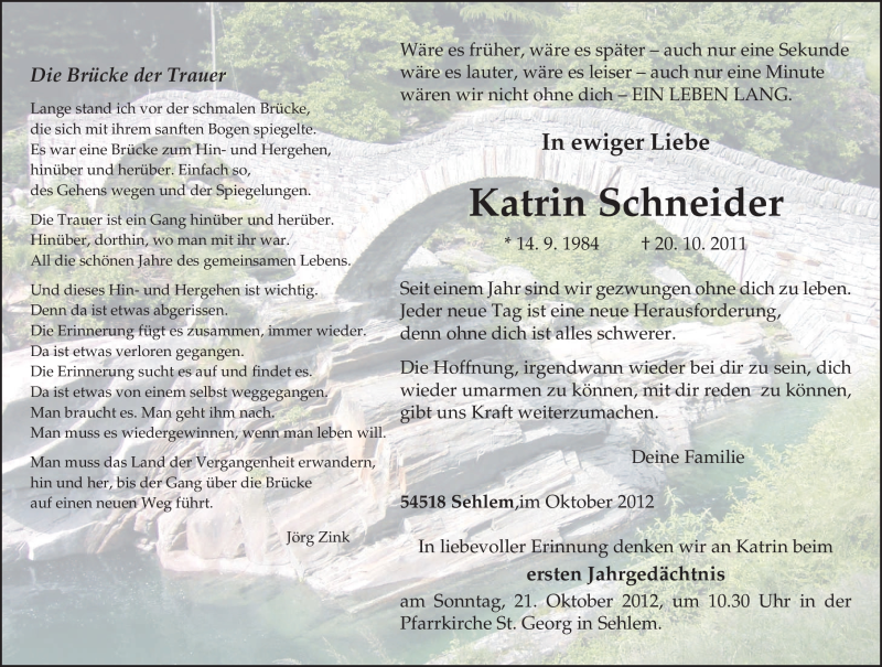  Traueranzeige für Katrin Schneider vom 13.10.2012 aus TRIERISCHER VOLKSFREUND