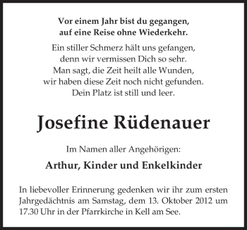 Traueranzeige von Josefine Rüdenauer von TRIERISCHER VOLKSFREUND