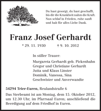 Traueranzeige von Franz Josef Gerhardt von TRIERISCHER VOLKSFREUND