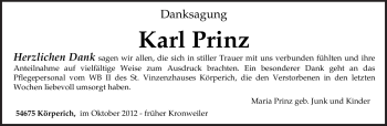 Traueranzeige von Karl Prinz von TRIERISCHER VOLKSFREUND