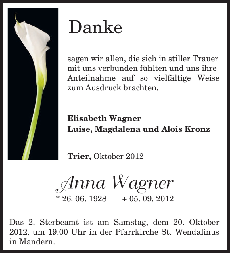  Traueranzeige für Anna Wagner vom 13.10.2012 aus TRIERISCHER VOLKSFREUND