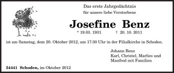 Traueranzeige von Josefine Benz von TRIERISCHER VOLKSFREUND