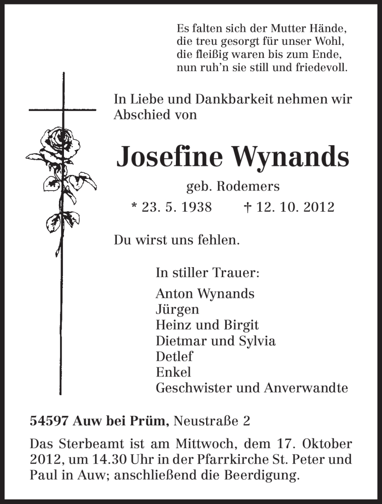  Traueranzeige für Josefine Wynands vom 15.10.2012 aus TRIERISCHER VOLKSFREUND