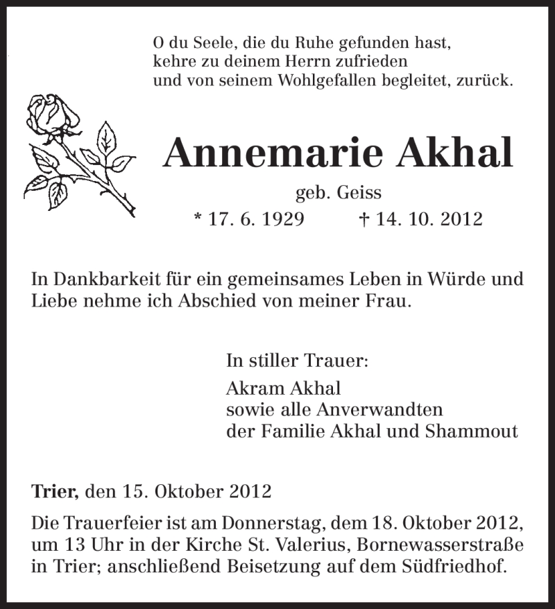  Traueranzeige für Annemarie Akhal vom 16.10.2012 aus TRIERISCHER VOLKSFREUND