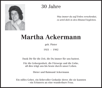 Traueranzeige von Martha Ackermann von TRIERISCHER VOLKSFREUND