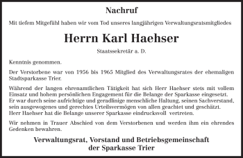Traueranzeige von Karl Haehser von TRIERISCHER VOLKSFREUND